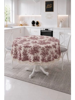 Luxoras Home Yuvarlak Duck Kumaş Fransız Köylü Desenli Püsküllü Masa Örtüsü Country Bohem Salon ve Mutfak