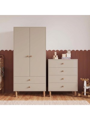 Bimossa TK2030  Bunny Kumtaşı 2 Kapaklı Gardırop ve 4 Çekmeceli Şifonyer, Yüksek Ayaklı Çocuk Odası Takımı