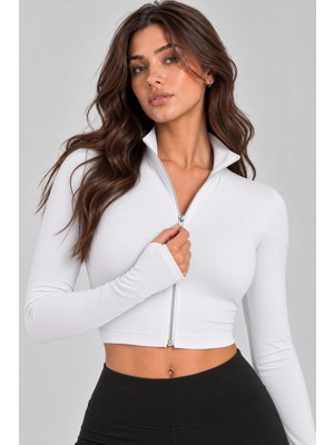 Banega Kadın Fermuarlı Dik Yaka Parmak Geçmeli Uzun Kollu Slim Fit Spor Beyaz Bluz Crop