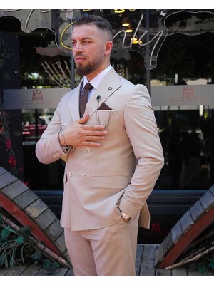 Beystil Oscar Slim Fit Krem Kruvaze Takım Elbise Nikol