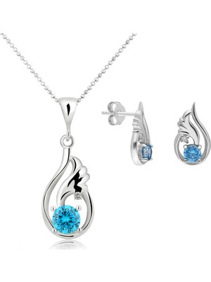 Chavin Topaz Melek Kanadı 0.04 Carat Pırlanta Gümüş Kolye ve Küpe Seti Mavi Topaz Taşlı EI09