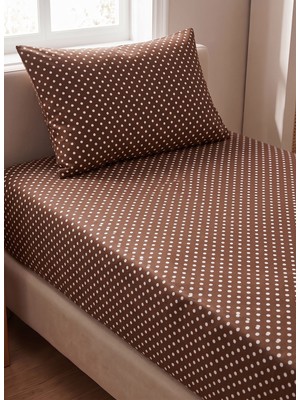 Maki Home Makiteks %100 Pamuklu Retro Beyaz Puantiyeli Kahverengi 120X200 Tek Kişilik Yüksek Kenarlı Lastikli Çarşaf Seti