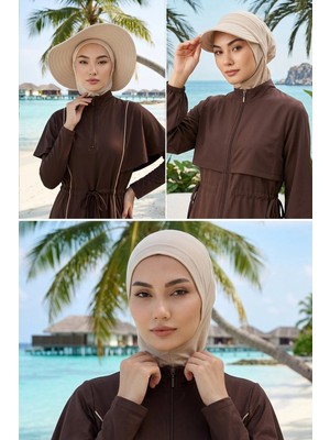 Aisha's Design 3'lü Bone,Siperlik ve Şapka Seti Tesettür (Deniz,Havuz) Yüzücü Bonesi,ST-1SN,ST-1SN,Bej