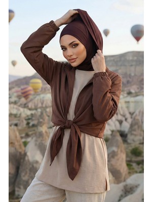Aisha's Design Kapşon ve Kapatıcı Özellikli Penye Kadın Hazır Bone,B-89P,Kahverengi