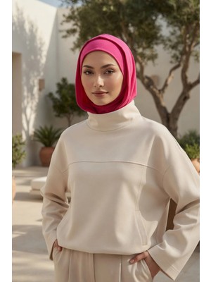 Aisha's Design Kapşon ve Kapatıcı Özellikli Penye Kadın Hazır Bone,B-89P,Fuşya