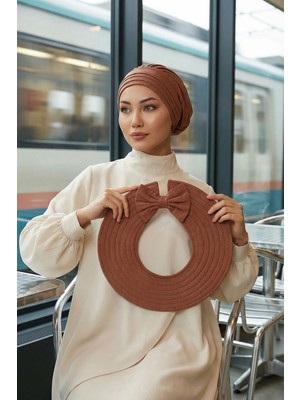 Aisha's Design Çıkarılabilir Arkası Fiyonklu Şapkalı Penye Bone Türban,S-4,Koyu Kahverengi