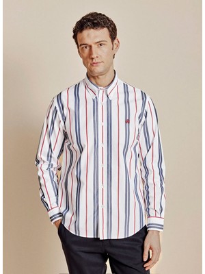 Brooks Brothers Beyaz Erkek Düğmeli Slim Fit Çizgili Gömlek BBSS26MSH016
