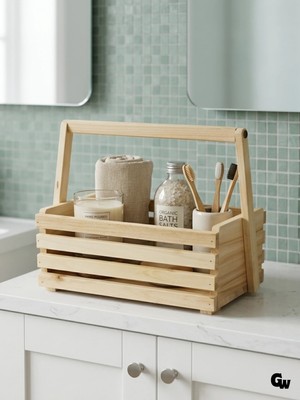 GOLDENWOODEN Doğal Ahşap Düzenleme Sepeti Ahşap Banyo Mutfak Sepeti(Kavak - Ihlamur)