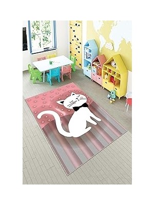 Renas Store Pelangi Pembe Kedi Desenli Yıkanabilir Kaymaz Taban Leke Tutmazbebek ve Çocuk Odası Halısı, Gri-Pembe 100 x 150