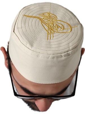 Renas Store Osmanlı Tuğrası Nakışlı Kalıp Namaz Takkesi Bej Bej 58