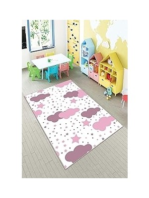 Renas Store Pelangi Beyaz Pembe Bulut Desenli Yıkanabilir Kaymaz Taban Leke Tutmazbebek ve Çocuk Odası Halısı, Pembe-Beyaz 120 x 200
