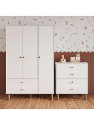Bimossa TK3040 Bunny Beyaz 3 Kapaklı Gardırop ve 4 Çekmeceli Şifonyer,yüksek Ayaklı Bebek,çocuk Odası Takımı