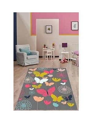 Renas Store Pelangi Gri Zemin Rengarenk Çiçek ve Kelebek Yıkanabilir Kaymaz Taban Leke Tutmaz Çocuk Odası Halısı, Gri-Pembe 160 x 250