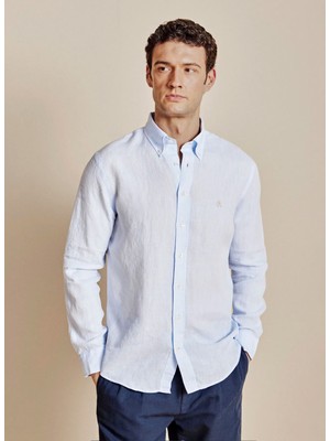 Brooks Brothers Mavi Erkek Düğmeli Regular Fit %100 Keten Gömlek BBSS26MSH022