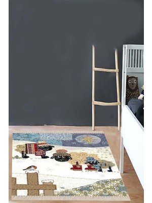Renas Store Pelangi Mavi Desenli Çocuk Odası Halısı, Mavi-Beyaz 40 x 40