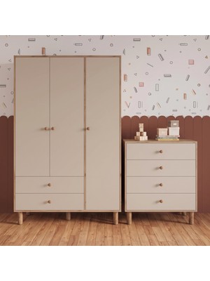 Bimossa TK3020 Bunny Sepet-Kumtaşı 3 Kapaklı Gardırop 4 Çekmece Şifonyer Yüksek Ayak Bebek Çocuk Odası Takım