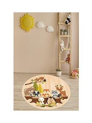 Renas Store Pelangi Sevimli Hayvanlar Ahşap Zeminli Yıkanabilir Kaymaz Taban Leke Tutmaz Çocuk Odası Halısık, Bej-Kahverengi 40 x 40, 764200840401