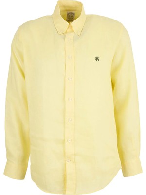 Brooks Brothers Sarı Erkek Düğmeli Regular Fit Logo Baskılı %100 Keten Gömlek BBSS26MSH022