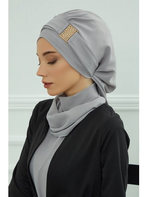 Aisha's Design Dekolte Kapatabilen Gold Aksesuarlı Hazır Türban,Gri,HT-11A