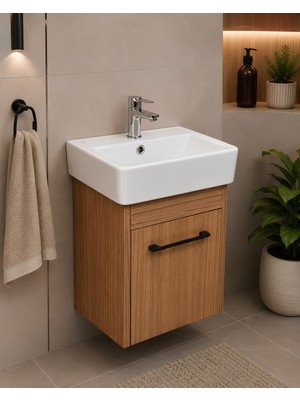 Turkuaz Lavabolu Mini Wc Dolabı 28X37.5 cm Doğal Ceviz Mdf