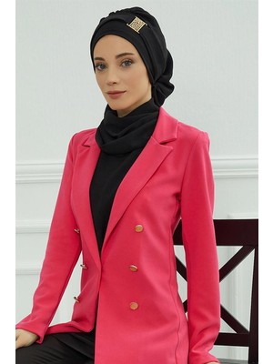 Aisha's Design Dekolte Kapatabilen Gold Aksesuarlı Hazır Türban,Siyah,HT-11A