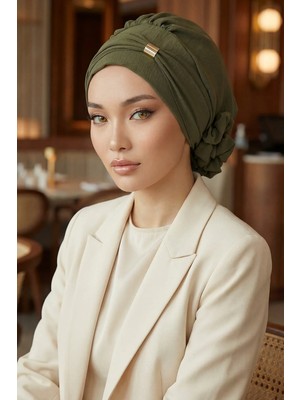 Aisha's Design Aksesuarlı Hazır Türban,Haki Yeşili,HT-95