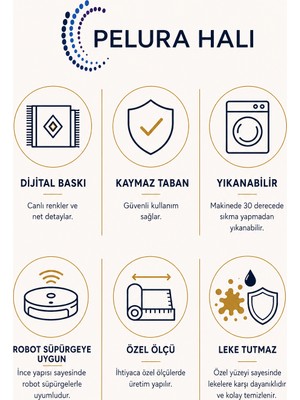 Pelura Halı Dijital Baskılı Renkli Çini Desenli Kaymaz Taban Yıkanabilir Halı