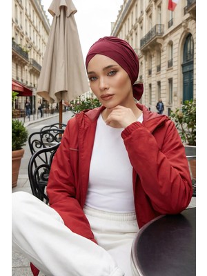 Aisha's Design Kuşaklı Rahat Penye Bone,Bordo,B-31