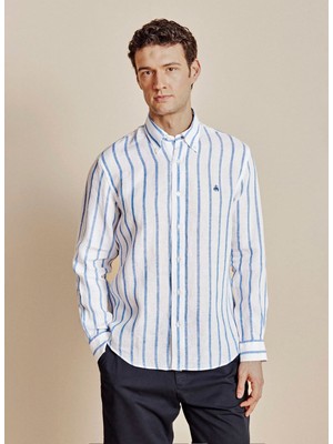 Brooks Brothers Mavi  Erkek Düğmeli Regular Fit Çizgili Gömlek BBSS26MSH013