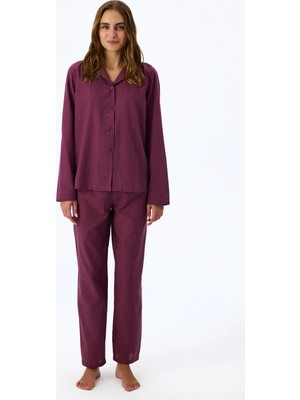 Penti Bordo Lea Çizgili Uzun Kollu Gömlek Pantolon Pijama Takımı