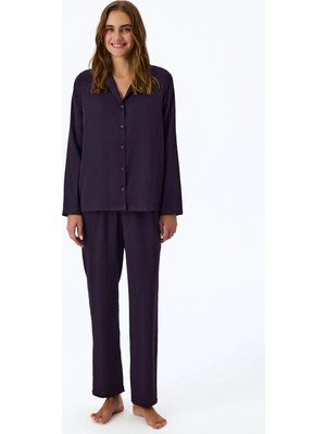 Penti Mor Midnight Saten Çizgili Uzun Kollu Gömlek Pantolon Pijama Takımı