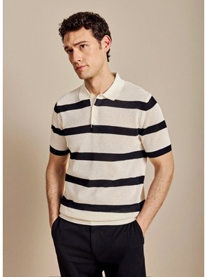 Brooks Brothers Beyaz Erkek Çizgili Triko Polo T-Shirt BBSS26MKL023