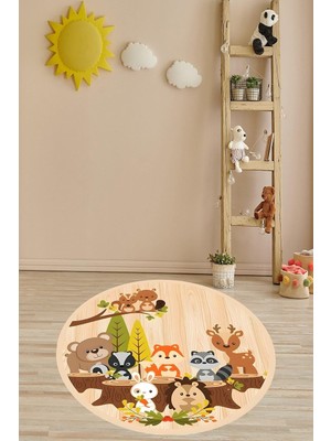 Renas Store Pelangi Sevimli Hayvanlar Ahşap Zeminli Yıkanabilir Kaymaz Taban Leke Tutmaz Çocuk Odası Halısık, Bej-Kahverengi 40 x 40, 764200840401