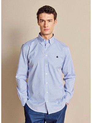 Brooks Brothers Mavi  Erkek Düğmeli Regular Fit Çizgili Gömlek BBSS26MSH007