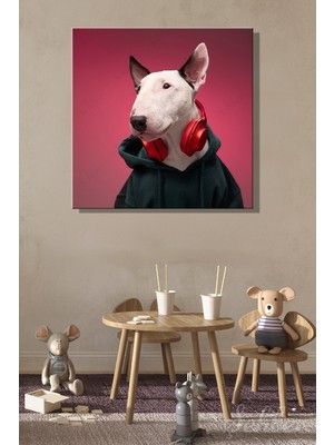 Şehber Kapüşonlu Sweatshirt Giymiş Kulaklıklı Beyaz Bir Bull Terrier Köpeği Kare Kanvas Tablo 4341