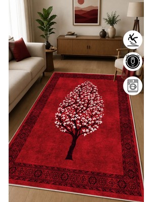 Pelura Halı Sakura Desenli Kırmızı Baskılı Kaymaz Yıkanabilir Salon Oturma Odası Mutfak Balkon Halısı Yolluk