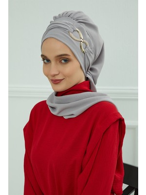 Aisha's Design Metal Aksesuarlı Şık Hazır Türban,Gri,HT-94