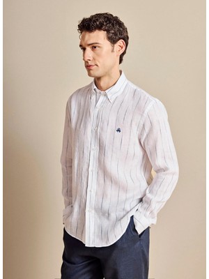 Brooks Brothers Beyaz Erkek Düğmeli Regular Fit Çizgili Gömlek BBSS26MSH015