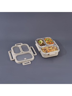 Bemy Ticaret Bento Dikdörtgen 3 Bölmeli Lunch Box Yemek Termosu Kahverengi 1000 ml