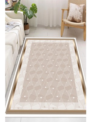 Pelura Halı Modern Üçgen Geometrik Desenli Vizon Dijital Baskılı Yıkanabilir Kaymaz Taban Salon Halısı Yolluk