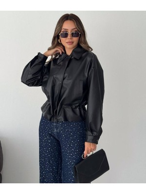 Budan Export Kadın Beli Büzgülü Kapaklı Cepli Oversize Suni Deri Ceket