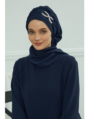 Aisha's Design Metal Aksesuarlı Şık Hazır Türban,Lacivert,HT-94