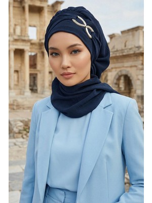 Aisha's Design Metal Aksesuarlı Şık Hazır Türban,Lacivert,HT-94