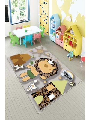 Renas Store Pelangi Gri Aşçı Aslan Desenli Yıkanabilir Kaymaz Taban Leke Tutmazbebek ve Çocuk Odası Halısı, Gri-Bej 120 x 200
