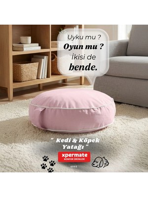 Xpermate Fermuarlı Kedi ve Köpek Minderi Yuvarlak Kedi Minderi Yıkanabilir Kedi Köpek Yatağı 60 x 15 cm Pembe