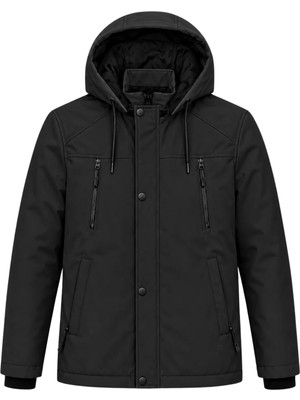 Sivaist Erkek Siyah Softshell Mont Kapüşonlu Kışlık Suya Dayanıklı Fermuarlı Cepli Outdoor Mont