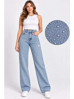 Banega Curve Kadın Büyük Beden Taş Detaylı Yüksek Bel Bol Paça Açık Mavi Jeans Kot Pantolon