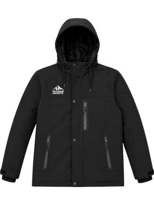 Sivaist Erkek Siyah Softshell Mont Kapüşonlu Kışlık Suya Dayanıklı Fermuarlı Cepli Outdoor Mont