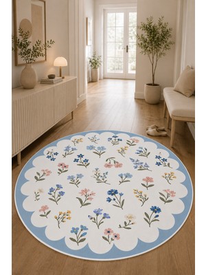 Pelura Halı Renkli Floral Desen Mavi Çerçeveli Baskılı Kaymaz Yıkanabilir Yuvarlak Halı Salon Oturma Odası Mutfak Balkon Antre Halısı