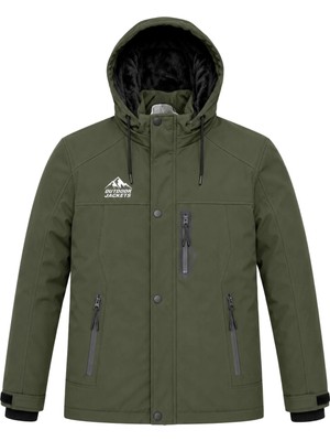 Sivaist Erkek Yeşil Softshell Mont Kapüşonlu Kışlık Suya Dayanıklı Fermuarlı Cepli Outdoor Mont
